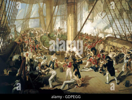 Bataille de Trafalgar le 21 octobre 1805. Nelson est tourné sur la plage arrière comme peint par Denis Dighton vingt ans plus tard. Banque D'Images