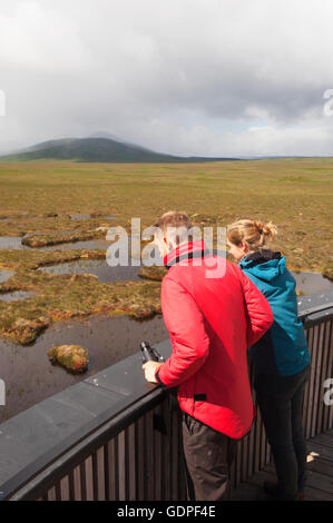 Jeune couple à la tourbière de piscines sur la tour d'observation sur la RSPB Dubh Lochan Trail, Forsinard, Sutherland, Scotland. Banque D'Images