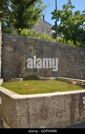 Fontaine en pierre sur le mur en face du palais des ducs de Bragance à Guimaraes, Portugal. Banque D'Images