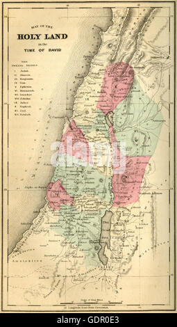 Gravure ancienne de 1867, la carte de la Terre Sainte à l'époque de David, montrant les douze tribus de Juda, Siméon, Benjamin, Dan, Éphraïm, Manassé, Issacar, Zabulon, Asher, Nephthali, Gad et Ruben. SOURCE : gravure sur acier originale. Banque D'Images