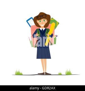 Souriante Jeune Fille de l'école en uniforme rose avec sac à dos. Vector Illustration. Fille isolé sur fond blanc. Retour à l'école Illustration de Vecteur