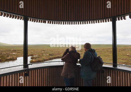 Visiteurs à la tour d'observation sur la réserve RSPB Forsinard - Sutherland, de l'Écosse. Banque D'Images