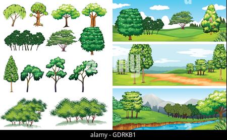 Scènes de la nature avec des arbres et champs illustration Illustration de Vecteur