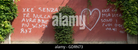 ,Graffiti pulvérisé sur une pierre, brique, mur, avec des lettres italiennes, sur la maçonnerie avec du texte blanc, à l'ombre, cœur amour bush, Banque D'Images