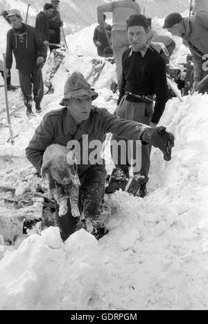 Après une avalanche, les sauveteurs creusent leur chemin à travers la neige à un bâtiment, 1956 Banque D'Images