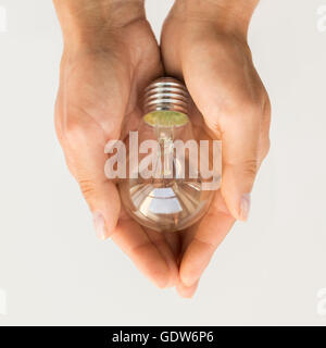 Close up of hands holding edison lamp ou lightbulb Banque D'Images