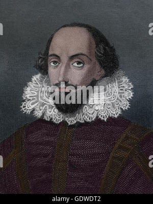 William Shakespeare (1564-1616). L'écrivain anglais. Renaissance. L'Ère Élisabéthaine. Portrait. Gravure, 19ème siècle. La couleur. Banque D'Images