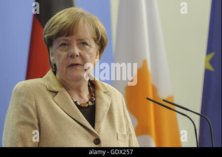 Portrait de la Chancelière allemande Angela Merkel lors d'une conférence de presse avec le président de Chypre à Berlin, Allemagne, 2014 Banque D'Images