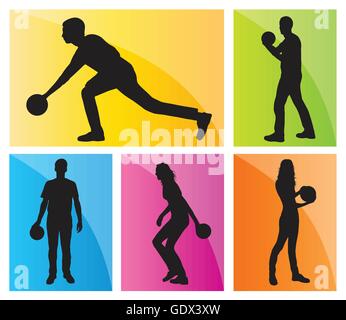 Bowling player vector silhouettes set background pour poster Illustration de Vecteur