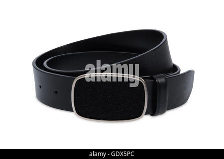 Ceinture noire en cuir avec métal boucle noire sur fond blanc Banque D'Images