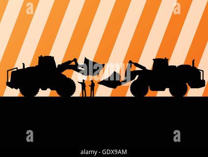 Tracteurs pelle silhouettes illustration détaillée dans la construction de l'exploitation minière du site vecteur d'arrière-plan Illustration de Vecteur