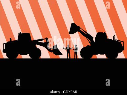 Tracteurs pelle silhouettes illustration détaillée dans la construction de l'exploitation minière du site vecteur d'arrière-plan Illustration de Vecteur
