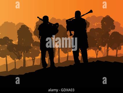 Cornemuse écossaise paysage silhouette vector background concept pour poster Illustration de Vecteur