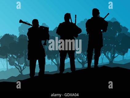 Cornemuse écossaise paysage silhouette vector background concept pour poster Illustration de Vecteur