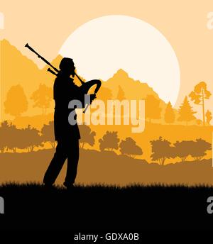 Cornemuse écossaise paysage silhouette vector background pour poster Illustration de Vecteur