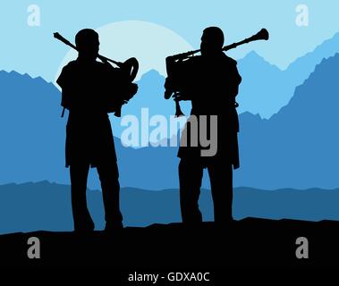 Cornemuse écossaise paysage silhouette vector background pour poster Illustration de Vecteur