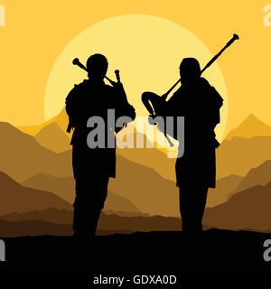 Cornemuse écossaise paysage silhouette vector background pour poster Illustration de Vecteur