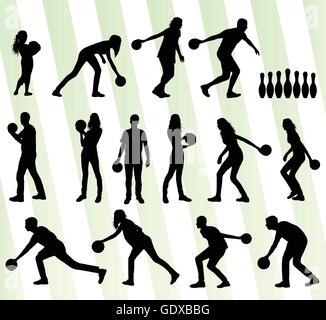 Joueur de bowling set background vector silhouettes Illustration de Vecteur