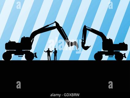 Tracteurs pelle silhouettes illustration détaillée dans la construction de l'exploitation minière du site vecteur d'arrière-plan Illustration de Vecteur