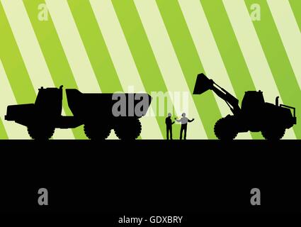 Tracteurs pelle silhouettes illustration détaillée dans la construction de l'exploitation minière du site vecteur d'arrière-plan Illustration de Vecteur