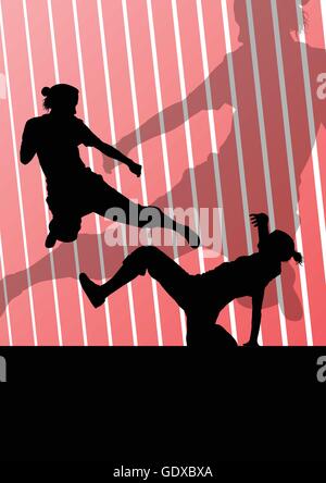 Les femmes actives d'arts martiaux self defense Silhouettes vecteur de fond illustration combattants Illustration de Vecteur