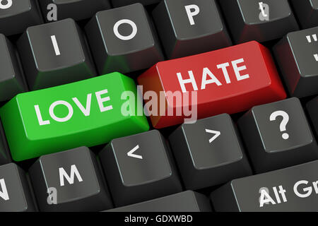 Concept d'amour et de haine sur le clavier noir, 3D Rendering Banque D'Images