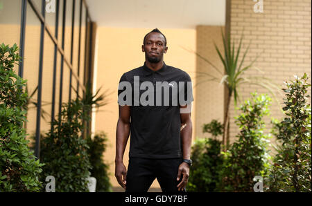 Usain Bolt pose en avant de sa conférence de presse à l'hôtel Grange Tower Bridge Hotel, Londres. Banque D'Images