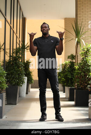 Usain Bolt pose en avant de sa conférence de presse à l'hôtel Grange Tower Bridge Hotel, Londres. Banque D'Images