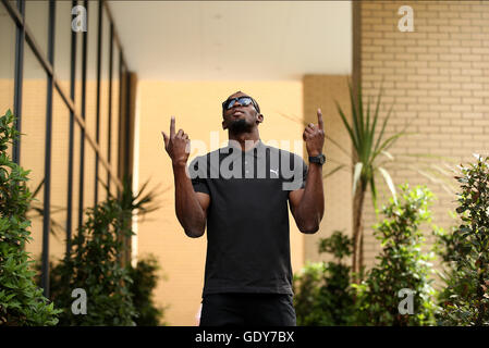 Usain Bolt pose en avant de sa conférence de presse à l'hôtel Grange Tower Bridge Hotel, Londres. Banque D'Images