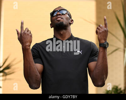 Usain Bolt pose en avant de sa conférence de presse à l'hôtel Grange Tower Bridge Hotel, Londres. Banque D'Images