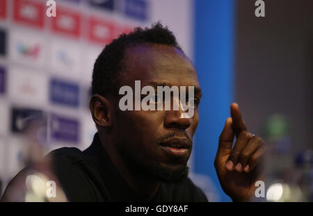 Usain Bolt pose au cours de sa conférence de presse à l'hôtel Grange Tower Bridge Hotel, Londres. Banque D'Images