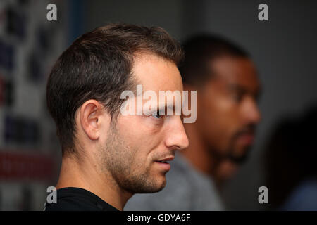 Renaud Lavillenie parle au cours de la conférence de presse à l'hôtel Grange Tower Bridge Hotel, Londres. ASSOCIATION DE PRESSE Photo. Photo date : Jeudi 21 Juillet, 2016. Voir l'histoire de Londres. ATHLÉTISME PA Crédit photo doit se lire : Steven Paston/PA Wire. Banque D'Images