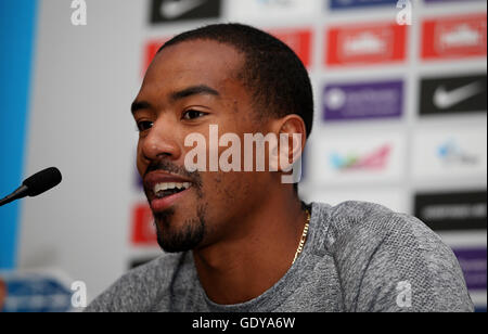 Christian Taylor parle lors de la conférence de presse au Grange Tower Bridge Hotel, Londres.APPUYEZ SUR ASSOCIATION photo.Date de la photo: Jeudi 21 juillet 2016.Voir PA Story Athletics London.Le crédit photo devrait se lire: Steven Paston/PA Wire. Banque D'Images