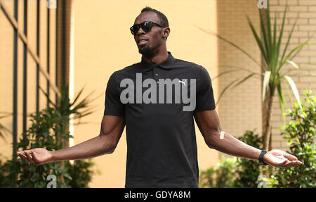 Usain Bolt pose en avant de sa conférence de presse à l'hôtel Grange Tower Bridge Hotel, Londres. Banque D'Images