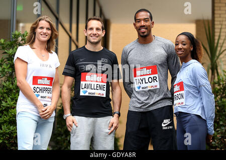 (De gauche à droite) Dafne Schippers, Renaud Lavillenie, Christian Taylor et Kendra Harrison pose avant leur conférence de presse à l'hôtel Grange Tower Bridge Hotel, Londres. Banque D'Images