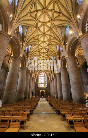 Le plafond voûté et les colonnes de la nef de l'abbaye de Tewkesbury, Angleterre Banque D'Images