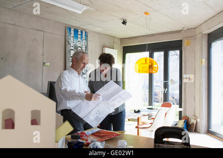 Deux architectes de discuter au sujet des bleus dans l'office, Freiburg im Breisgau, Bade-Wurtemberg, Allemagne Banque D'Images