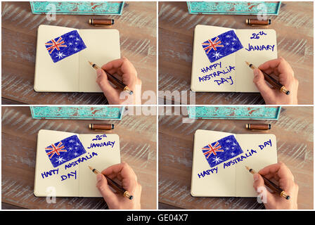 Photo Collage d'effet rétro aux couleurs et image d'une femme dessin à la main le drapeau australien avec un stylo sur un ordinateur portable. Banque D'Images