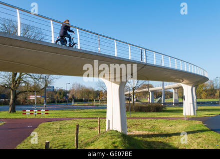 Les cyclistes à l'aide de la piste cyclable surélevée au-dessus de la route Banque D'Images