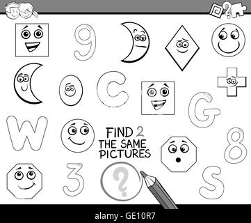 Cartoon noir et blanc Illustration de trouver les mêmes images tâche d'activités éducatives pour les enfants d'âge préscolaire pour colorer Illustration de Vecteur