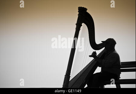 Musicien interprète harpiste silhouette s'asseoir sur un banc près de la mer à Vancouver, Canada Banque D'Images