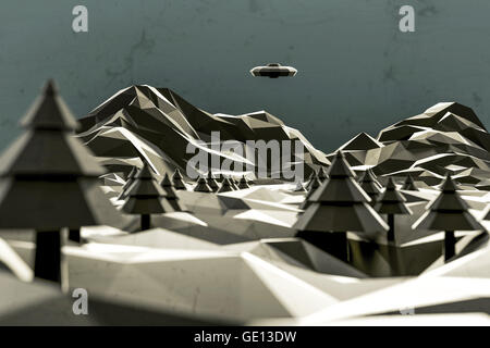 Illustration 3d d'un objet volant identifié sur une poly bas paysage désolé Banque D'Images