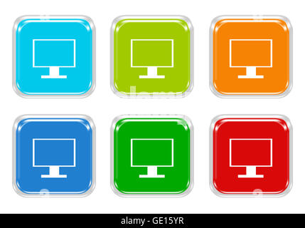 Ensemble de boutons colorés au carré avec écran de télévision ou un écran d'ordinateur en symbole bleu, vert, rouge et orange Banque D'Images