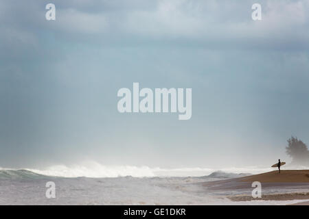 Surfeur debout sur la plage avec planche de surf, Oahu, Hawaii, États-Unis Banque D'Images