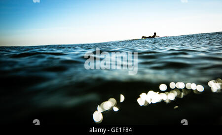 Femme en pagayage sur mer à bord de mer, Malibu, Californie, États-Unis Banque D'Images
