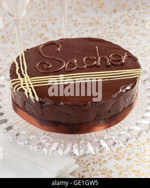 Sacher Torte faits maison, un gâteau au chocolat et cerises Banque D'Images