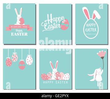 Joyeuses Pâques 24. mignon oreilles de lapin avec des œufs et du texte logo sur fond bleu doux, peut être utilisé avec des cartes de souhaits Illustration de Vecteur