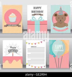 Anniversaire, fêtes, voeux de Noël et carte d'invitation. il y a des ballons, des boîtes-cadeaux, confetti, cup cake. vector illustrat Illustration de Vecteur