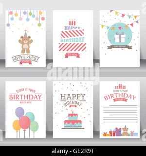 Anniversaire, fêtes, voeux de Noël et carte d'invitation. il y a des ballons, des boîtes-cadeaux, confetti, cup cake. vector illustrat Illustration de Vecteur