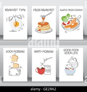 Petit-déjeuner amusant jeu de fond et d'Affiches. télévision et doodle design. Il y a des oeufs, café, céréales avec lait, crêpes, pain, ve Illustration de Vecteur